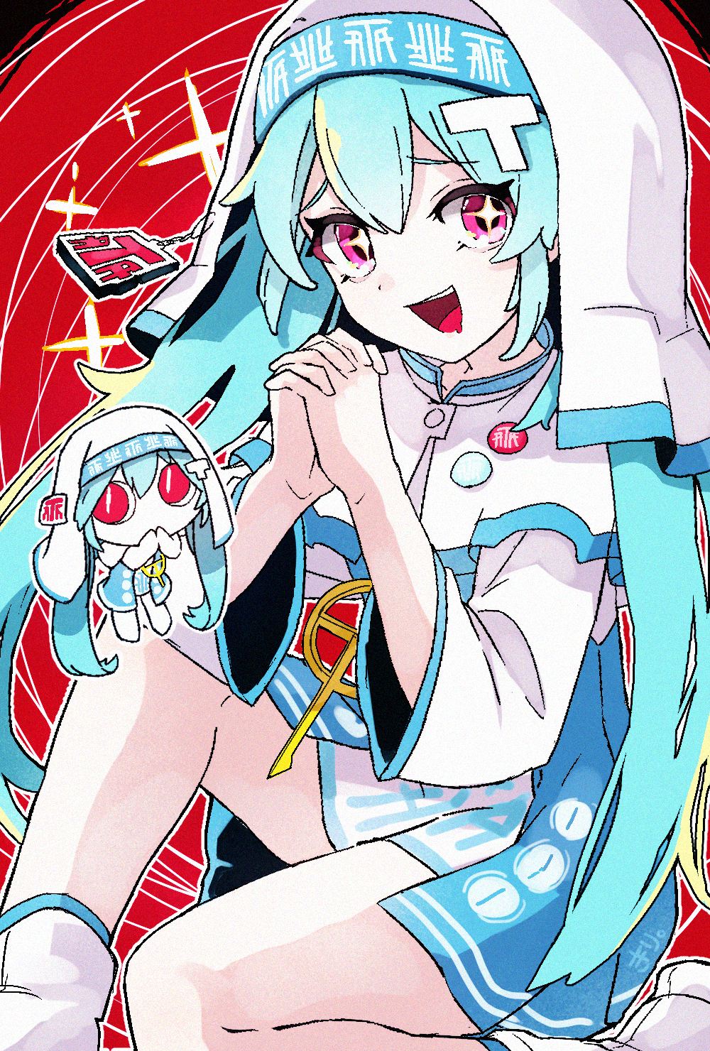 +_+, badge, bare_legs, blue_dress, blue_hair, button_badge, dress, hair_ornament