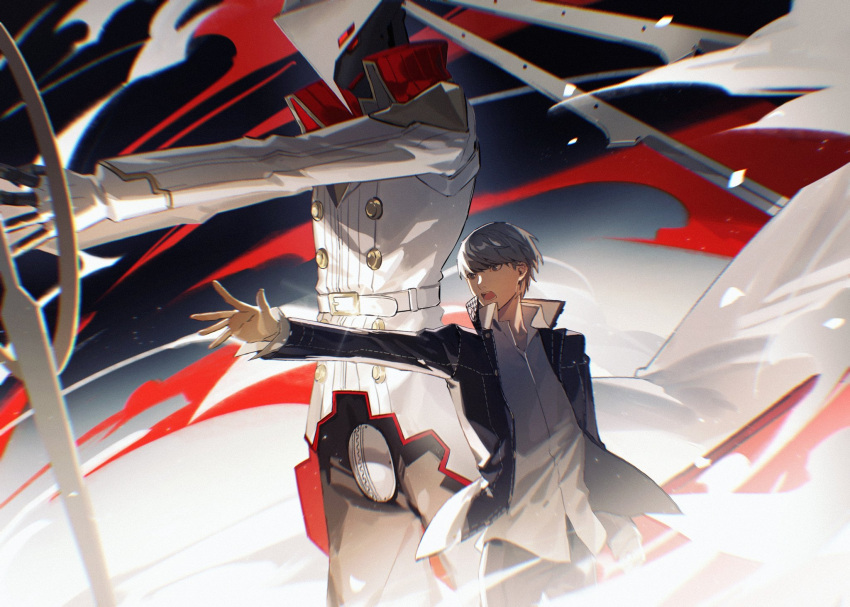 2boys, black_jacket, dark_background, gradient_background, grey_eyes, grey_hair, highres, izanagi_(persona_4)