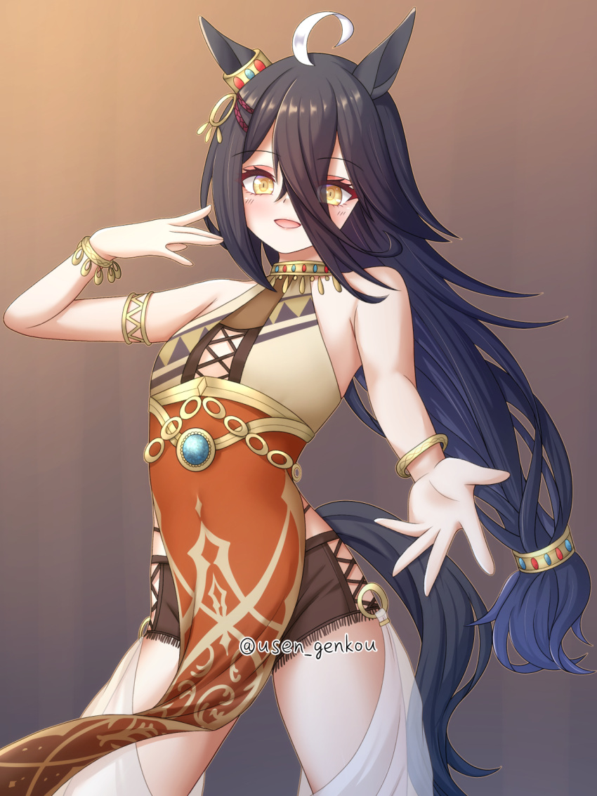 1girl, animal_ears, arm_up, armlet, bare_shoulders, black_hair, blue_hair, bracelet