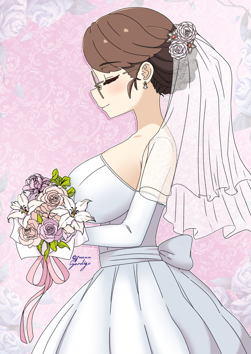 absurdres, alternate_costume, alternate_hairstyle, bare_shoulders, bouquet, braid, breasts, bridal_veil