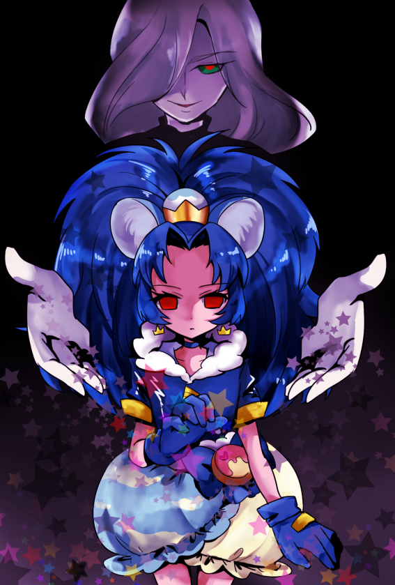 1boy, 1girl, aihira_(aihira12), animal_ear_fluff, animal_ears, big_hair, black_background, black_shirt, blue_choker, blue_dress, blue_gloves, blue_hair, blue_jacket, bright_pupils, bubble_skirt, choker, closed_mouth, collarbone, corruption, cowboy_shot, crown, crown_earrings, cure_gelato, dress, earrings, elisio_(precure), empty_eyes, expressionless, eyelashes, eyes_visible_through_hair, food, food-themed_clothes, food-themed_hair_ornament, food_print, frilled_dress, frills, fur-trimmed_jacket, fur_trim, gloves, gold_crown, gradient_background, green_eyes, grey_hair, hair_ornament, hair_over_one_eye, ice_cream, ice_cream_cone, jacket, jewelry, kirakira_precure_a_la_mode, lion_ears, lion_girl, lion_tail, long_hair, long_sleeves, magical_girl, mini_crown, outstretched_arms, outstretched_hand, pale_skin, palms, parted_lips, precure, red_eyes, red_pupils, shirt, short_dress, short_sleeves, skirt, smirk, standing, star_(symbol), star_symbol_background, straight-on, tail, tategami_aoi, tsurime, turtleneck, turtleneck_shirt, two-tone_dress, wavy_hair, yellow_dress