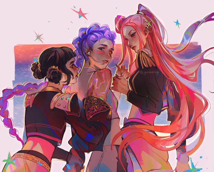 3girls, absurdres, alternate_costume, back, bare_shoulders, black_hair, blush, body_markings