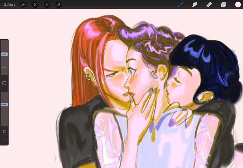 3girls, angry, bare_shoulders, black_hair, black_shirt, blunt_bangs, body_markings, braid