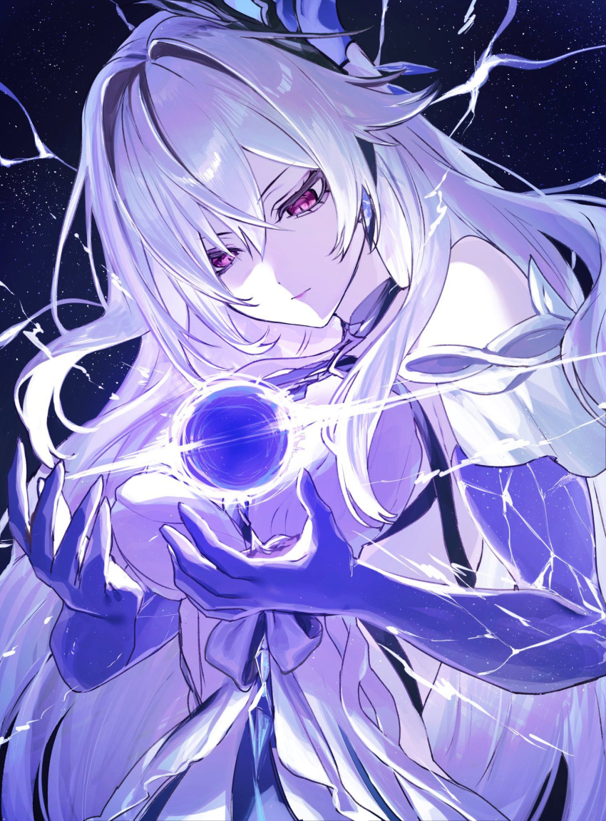 1girl, bare_shoulders, breasts, butterfly_hair_ornament, closed_mouth, colored_skin, detached_sleeves, dress
