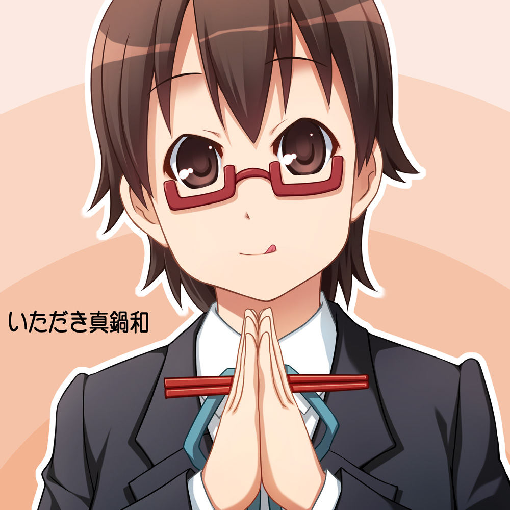 brown_eyes, brown_hair, chopsticks, glasses, half_rim_glasses, itadaki_mouse, k-on!, manabe_nodoka