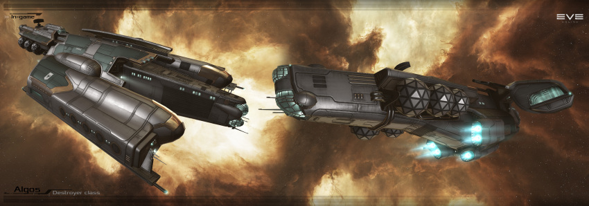 3d, absurdres, algos_(eve_online), attack_ship_(eve_online), brown_background, carrier, commentary, copyright_logo