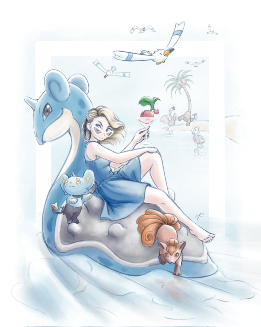 1girl, alolan_exeggutor, barefoot, blonde_hair, blue_dress, blue_eyes, cherubi, cocktail_glass