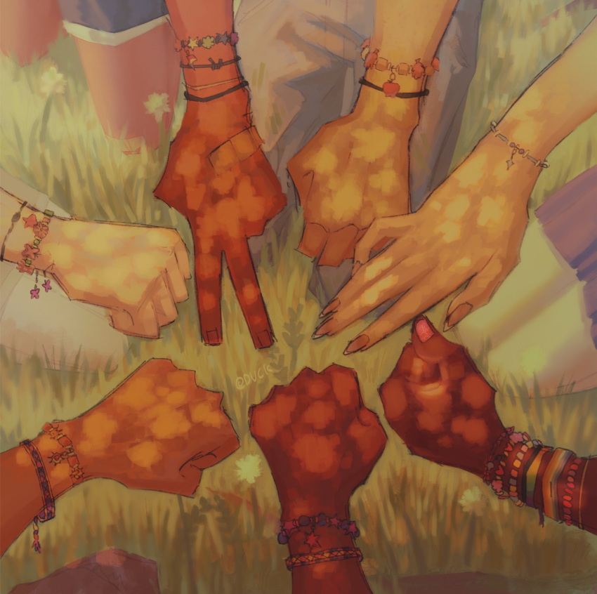 6+girls, applejack, black_skin, colored_skin, depresed-duck, fluttershy, highres, mane_six_(my_little_pony), multiple_girls, my_little_pony, my_little_pony:_equestria_girls, my_little_pony:_friendship_is_magic, on_grass, on_ground, pink_nails, pinkie_pie, rainbow_dash, rarity_(equestria_girls), rarity_(my_little_pony), sci-twi, seiza, sitting, sunset_shimmer, twilight_sparkle