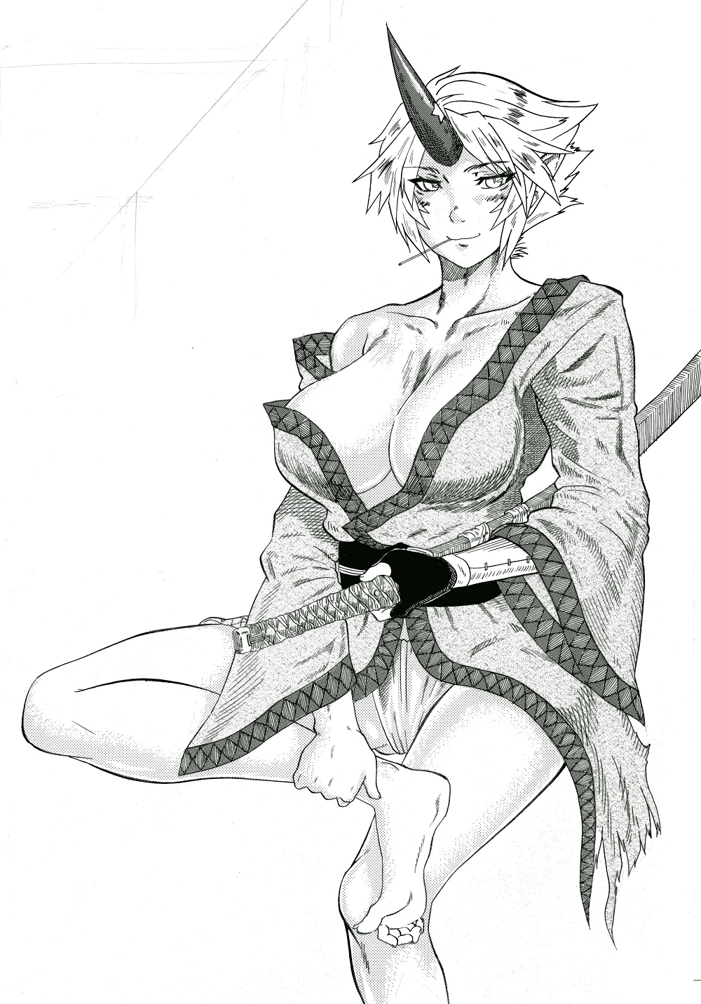 alternate_hairstyle, barefoot, breasts, feet, fingerless_gloves, fundoshi, gloves, highres