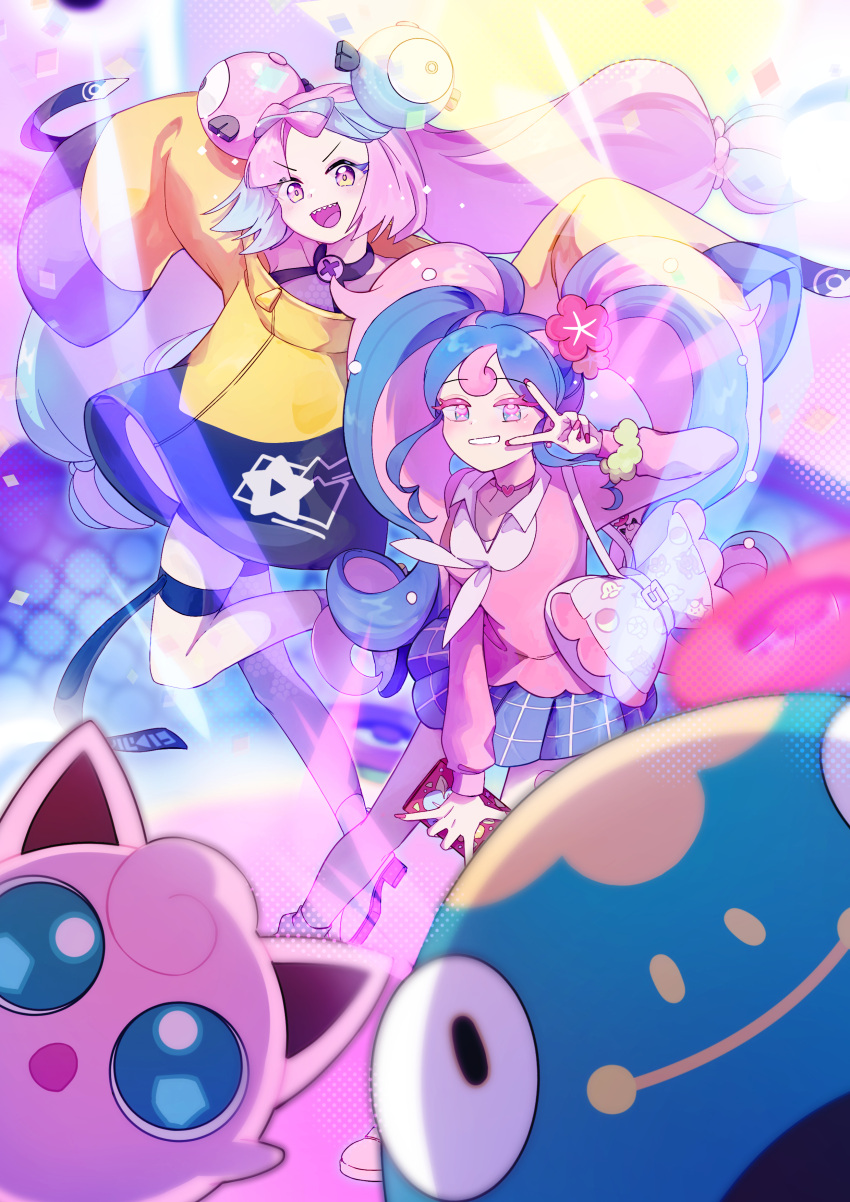 2girls, absurdres, arm_up, bag, bellibolt, blue_eyes, blue_hair, blush