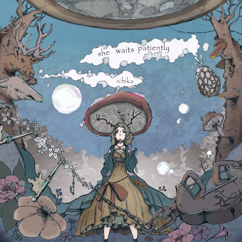 1girl, album_cover, bare_shoulders, bare_tree, blonde_hair, blue_robe, bow, breasts, chain, clouds, cover, cross-laced_clothes, cross-laced_dress, deer_head, detached_sleeves, dress, english_text, feet_out_of_frame, floral_print, flower, frilled_dress, frilled_sleeves, frills, from_below, highres, holding, holding_mushroom, ichika_nito, key, lace-trimmed_sash, lace-trimmed_shirt, lace_trim, leaf, long_sleeves, looking_up, medium_hair, mushroom, mushroom_umbrella, muted_color, no_pupils, noka_works, open_clothes, open_robe, original, outdoors, plant, red_bow, robe, shirt, small_breasts, solo, standing, tree, very_long_robe, vines, waist_bow, white_shirt, witch_print, yellow_dress