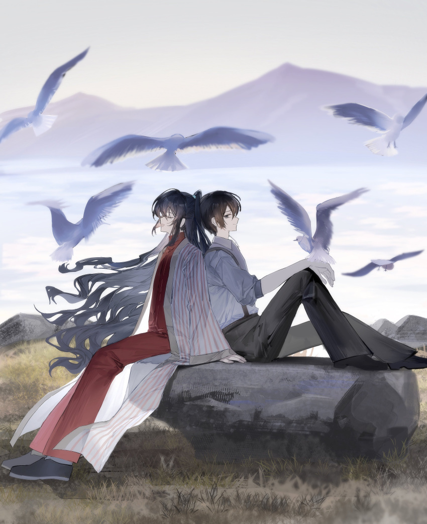 2boys, :d, absurdres, back-to-back, bird, bird_on_hand, black_hair, blurry