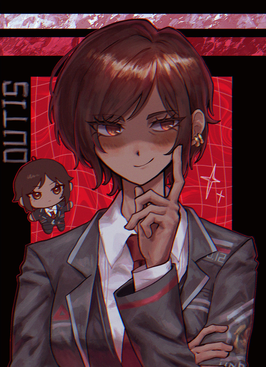 1girl, black_jacket, blush, brown_eyes, brown_hair, chibi, chibi_inset, collared_shirt