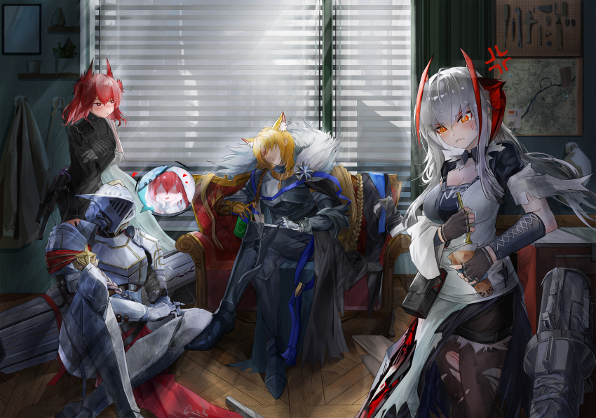 2boys, 2girls, absurdres, anger_vein, animal_ear_fluff, animal_ears, arknights, armor