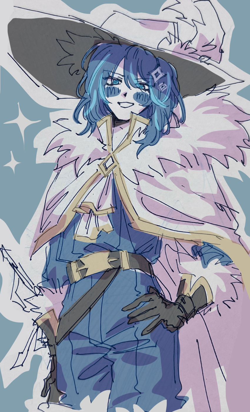 1boy, :d, absurdres, belt, black_gloves, blue_eyes, blue_hair, blue_pants, blue_shirt, boots, camille_(project_moon), cape, cavalier_hat, cinq_association_west_uniform, cowboy_shot, feathers, fur-trimmed_boots, fur_collar, fur_trim, gloves, gold_trim, grin, hand_on_own_hip, hat, highres, k1ui1, limbus_company, looking_at_viewer, male_focus, medium_hair, outline, pants, project_moon, shirt, sketch, smile, solo, sparkle, wavy_hair, white_cape, white_outline