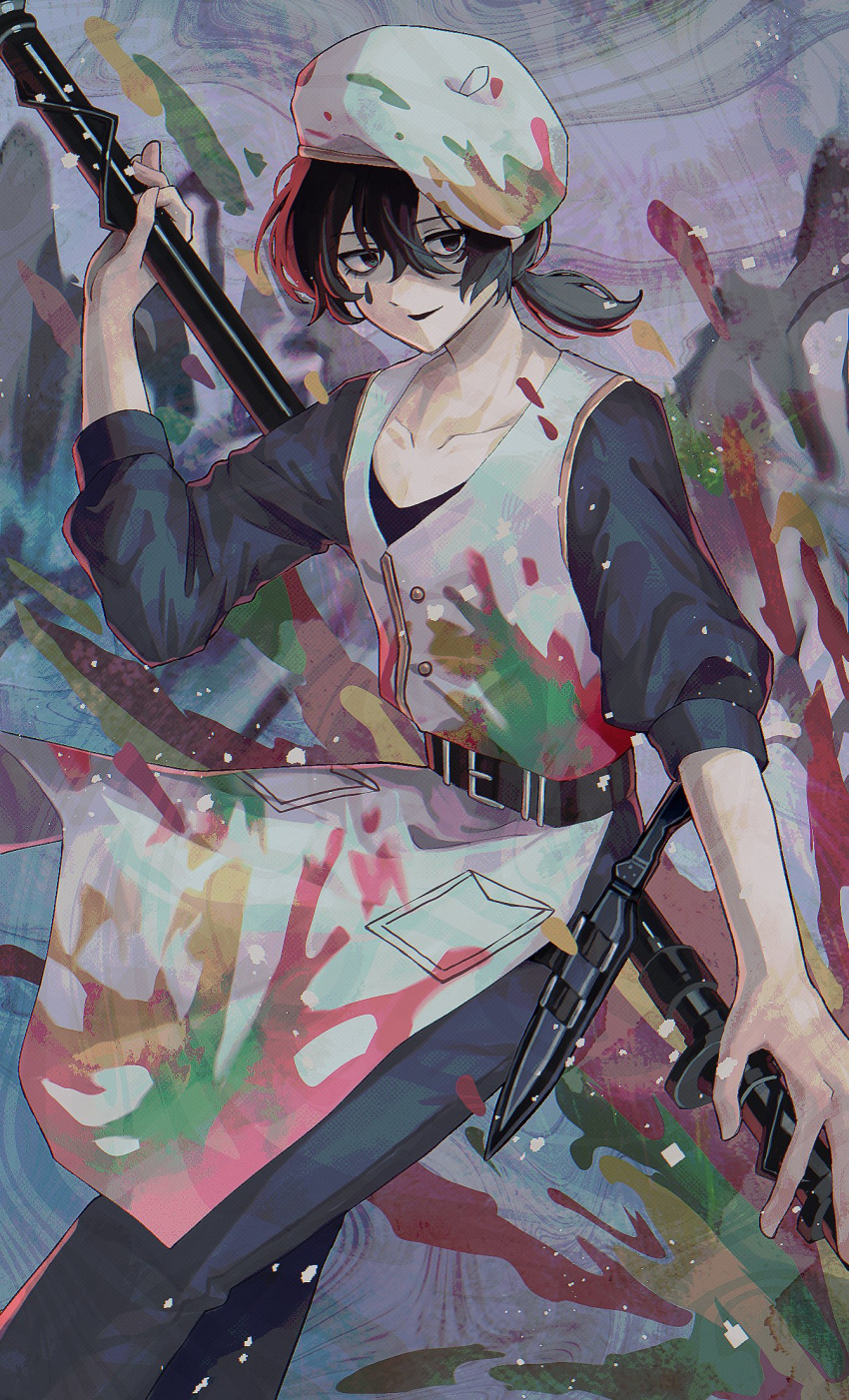 1boy, apron, bags_under_eyes, belt, beret, black_eyes, black_hair, black_shirt