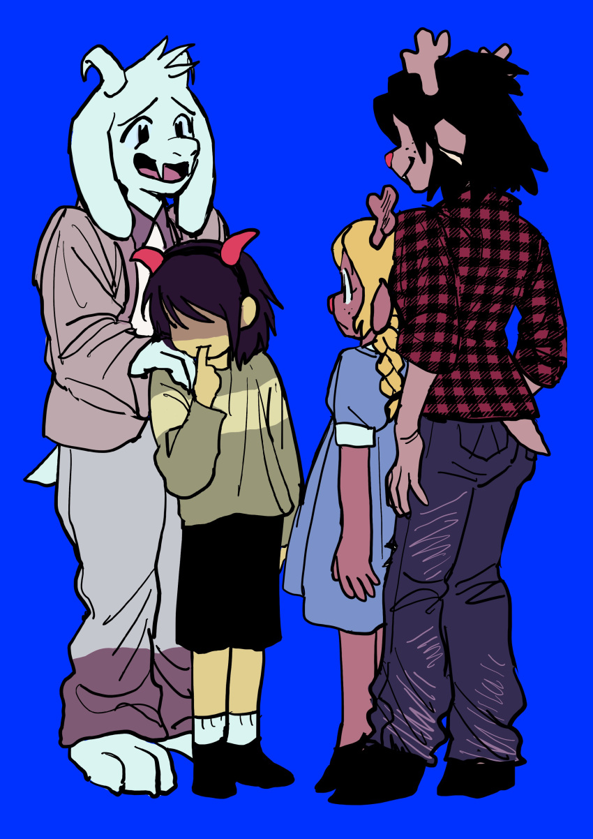 1boy, 1other, 2girls, absurdres, androgynous, animal_ears, antlers, asriel_dreemurr
