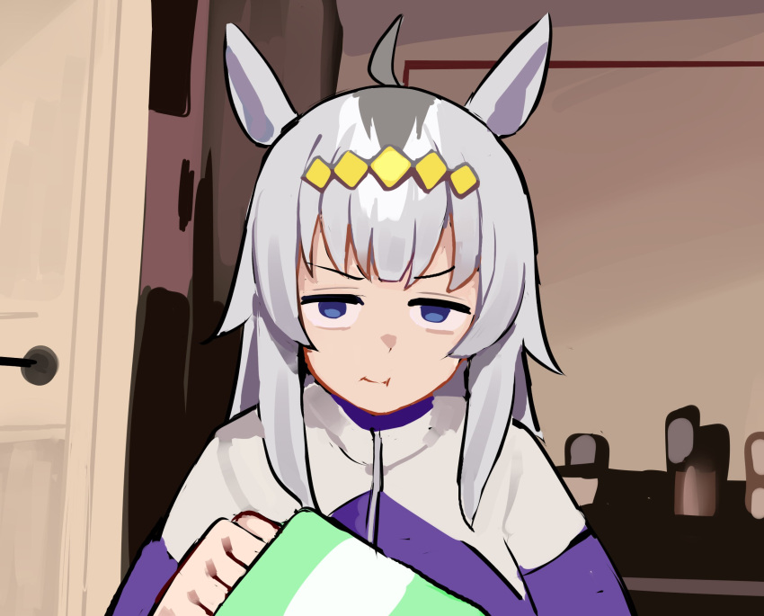 1girl, :t, ahoge, animal_ears, bag_of_chips, blue_eyes, closed_mouth, eating, grey_hair, hair_ornament, highres, horse_ears, horse_girl, indoors, jacket, kasamatsu_tracen_training_uniform, long_hair, looking_at_viewer, meme, multicolored_jacket, oguri_cap_(umamusume), purple_jacket, remise, ryback_eating_chips_(meme), solo, two-tone_jacket, umamusume, umamusume:_cinderella_gray, upper_body, white_jacket