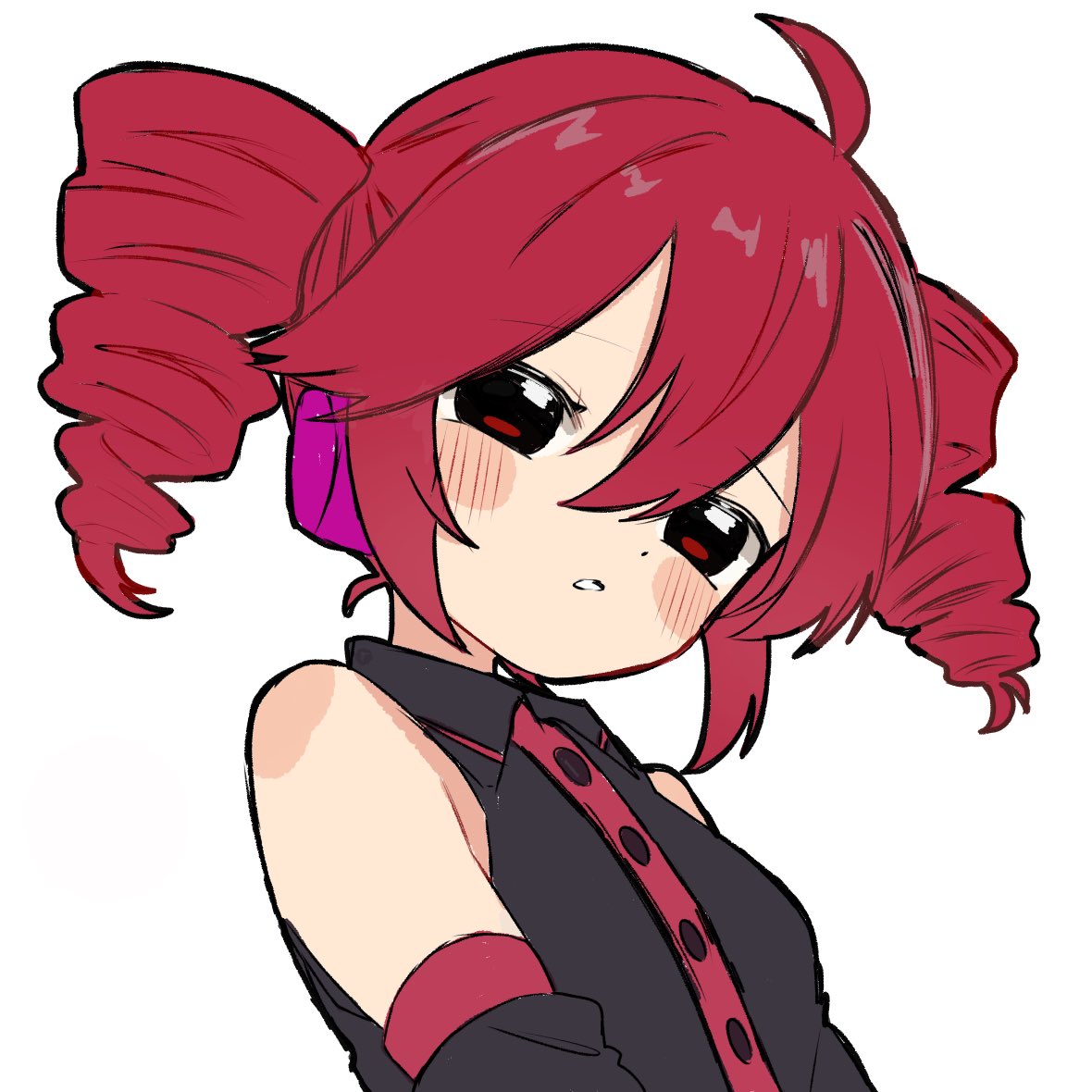 1girl, ahoge, bare_shoulders, blush, buttons, drill_hair, haru_maron, kasane_teto, kasane_teto_(utau), looking_at_viewer, parted_lips, red_hair, shirt, simple_background, sleeveless, sleeveless_shirt, solo, twin_drills, twintails, upper_body, utau, white_background