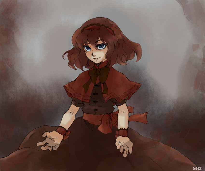 1girl, alice_margatroid, alternate_color, bow, brown_bow, brown_dress, brown_hair, capelet