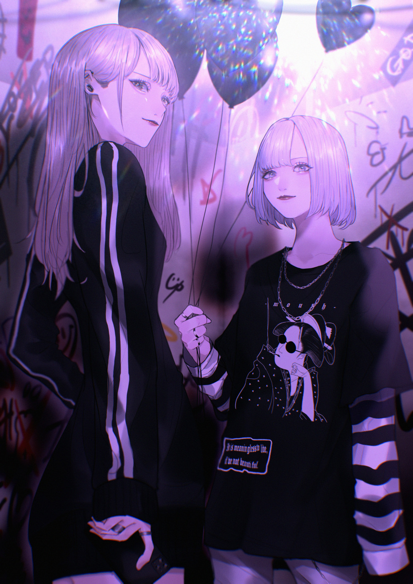 2girls, absurdres, aegyo_sal, arm_at_side, balloon, barbell_piercing, black_eyes, black_shirt