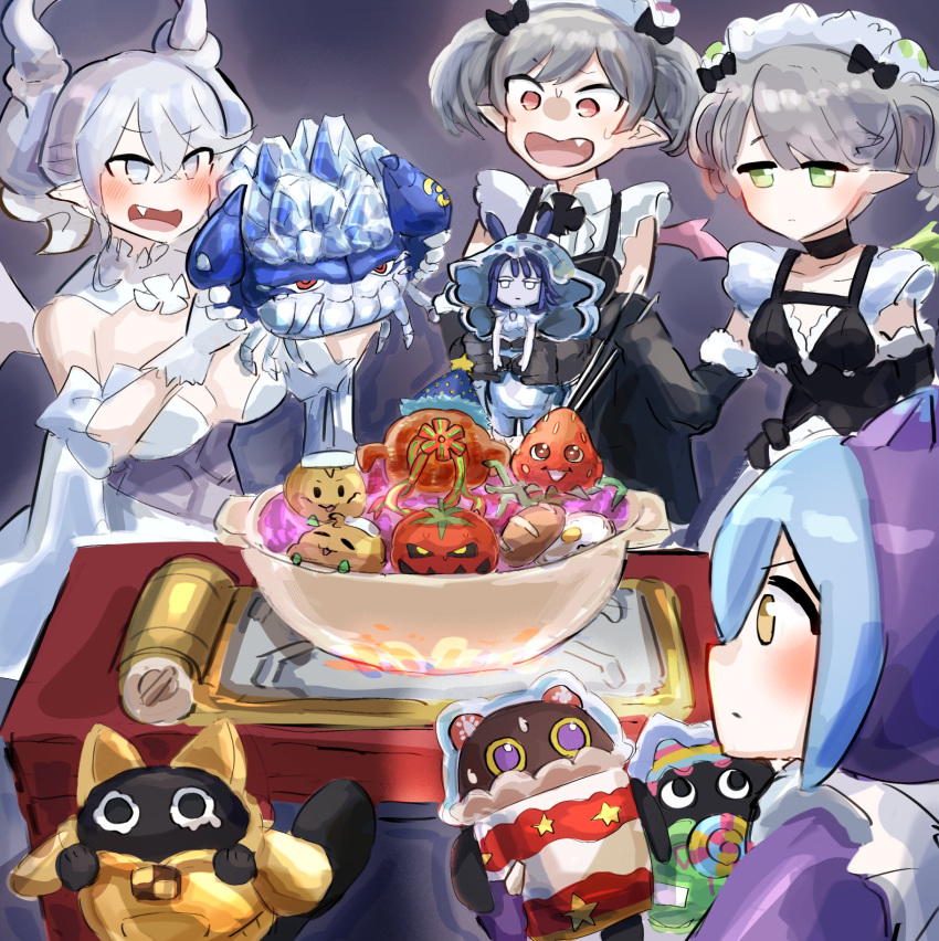 4girls, apron, arianna_the_labrynth_servant, arianne_the_labrynth_servant, black_background, black_dress, black_gloves, blue_hair