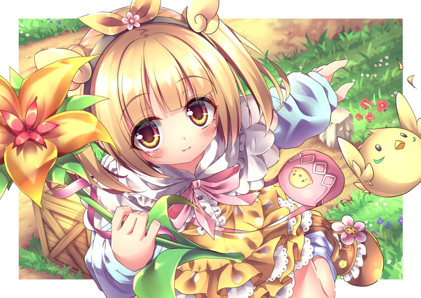 1girl, baby_animal, bag, bird, blonde_hair, boots, brown_boots, chick, cococco_alma, dress, emil_chronicle_online, flower, highres, holding, holding_flower, looking_at_viewer, meadow, skirt, smile, socks, striped_clothes, striped_socks, twintails, white_dress, yellow_eyes, yellow_skirt, yupi828