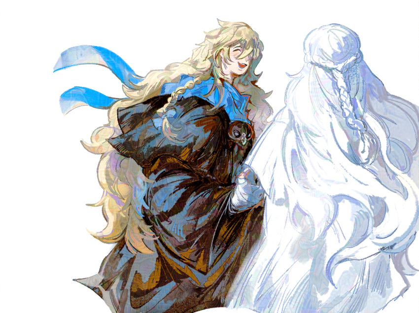 1boy, 1girl, ^_^, azem_(ff14), bandaged_hand, bandages, black_robe, blonde_hair