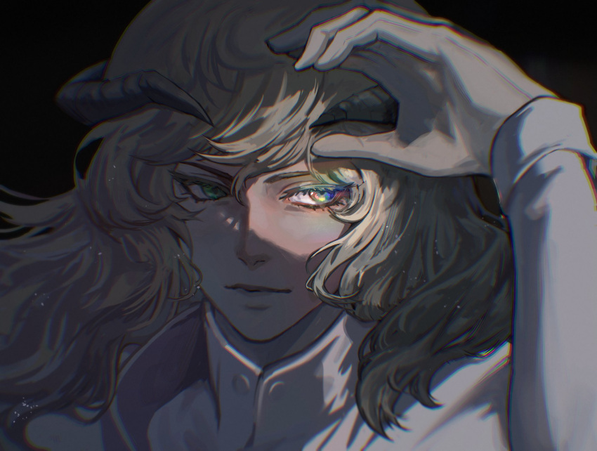 1boy, arm_up, black_background, blonde_hair, closed_mouth, collared_shirt, colored_eyelashes, commentary