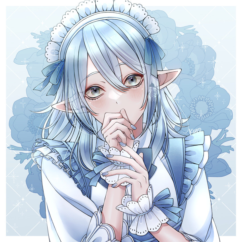 1boy, aegyo_sal, apron, blue_apron, blue_background, blue_bow, blue_flower, blue_hair, blue_nails, blue_theme, border, bow, commentary_request, covering_own_mouth, crossdressing, crossdressing_(mtf), dress, earrings, elezen, elf, final_fantasy, final_fantasy_xiv, flower, flower_earrings, frilled_apron, frilled_dress, frilled_wrist_cuffs, frills, grey_eyes, head_tilt, highres, jewelry, kuro11_222, long_hair, looking_at_viewer, maid_headdress, male_focus, pointy_ears, rose, solo, trap, upper_body, warrior_of_light_(ff14), white_border, white_dress, wrist_cuffs