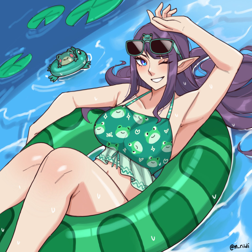 1girl, ajeng_(mawaridi), animal_print, blue_eyes, breasts, elf, frog, frog_print