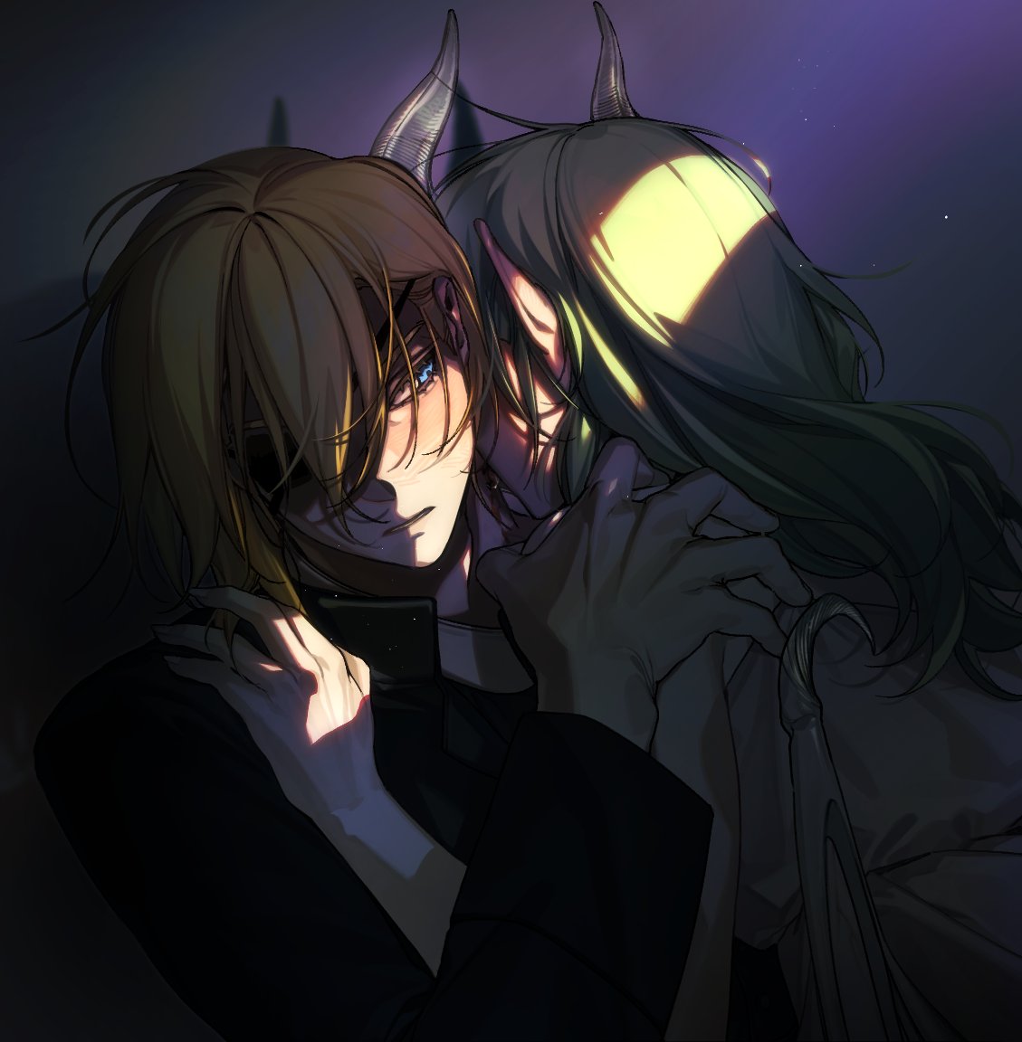 1boy, 1girl, bare_shoulders, black_shirt, blonde_hair, closed_mouth, collared_shirt, dimitri_alexandre_blaiddyd