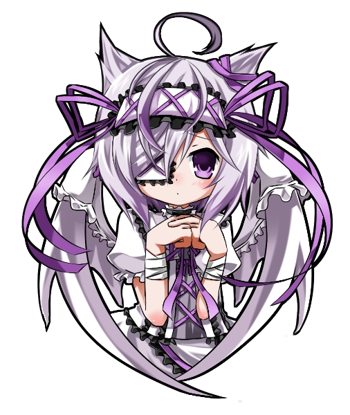 1girl, ahoge, bandages, bat_wings, dress, emil_chronicle_online, eyepatch, frilled_dress, frilled_hairband, frills, hairband, medical_eyepatch, poporu, purple_ribbon, raised_inner_eyebrows, ribbon, upper_body, violet_eyes, white_background, white_dress, white_familiar_alma, white_hair, white_wings, wings