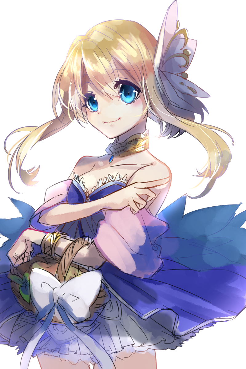 1girl, bag, bare_shoulders, blonde_hair, blue_dress, blue_eyes, dress, emil_chronicle_online, hair_ornament, highres, kemogon, le_fay_lore, ribbon, smile, white_background, white_ribbon