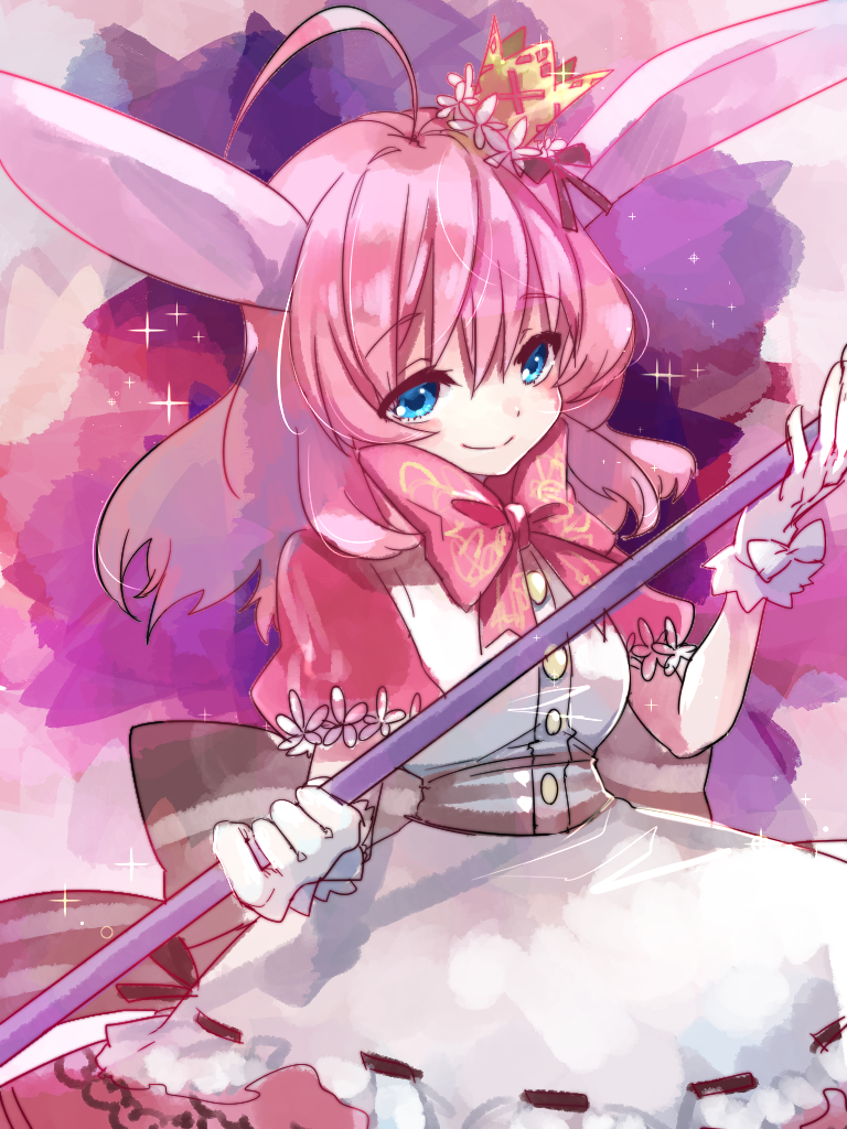 1girl, ahoge, animal_ears, apron, belt_ribbon, black_ribbon, blue_eyes, crown