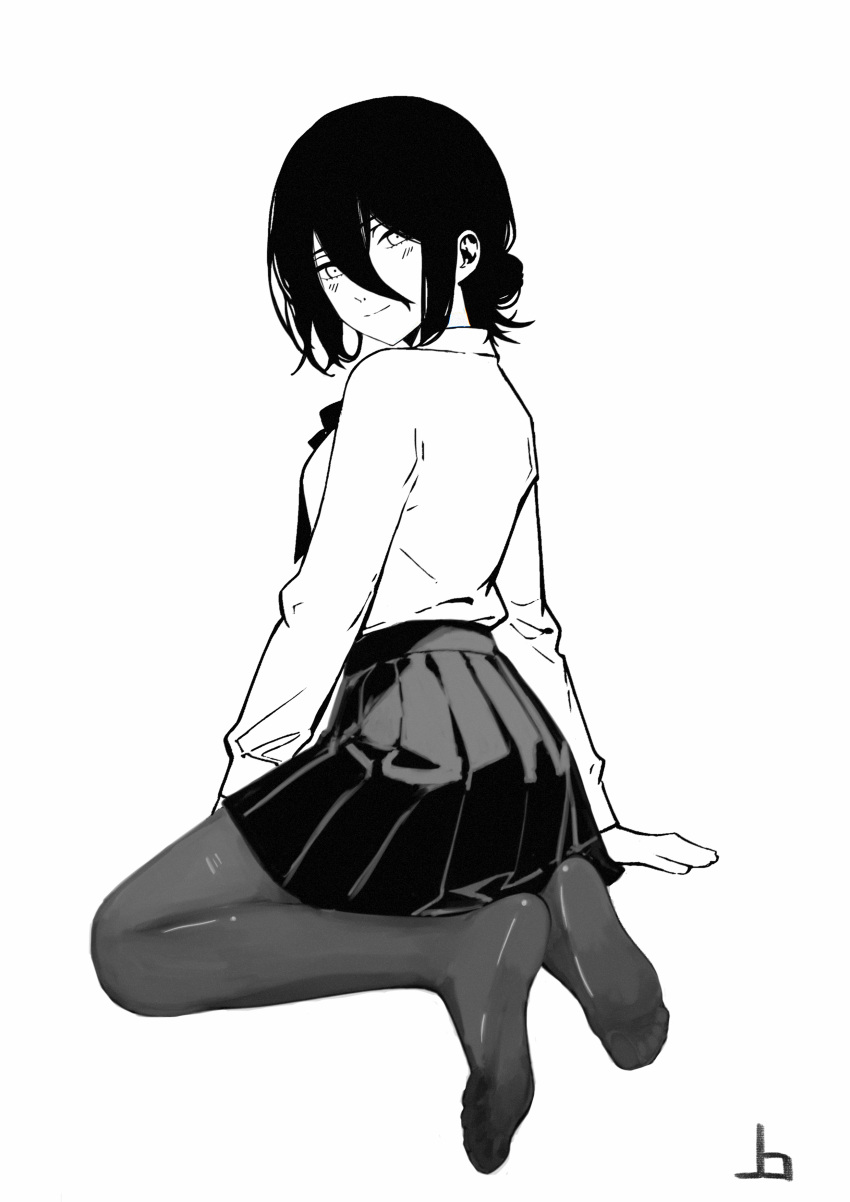1girl, absurdres, chainsaw_man, collared_shirt, greyscale, hair_between_eyes, hair_bun, highres