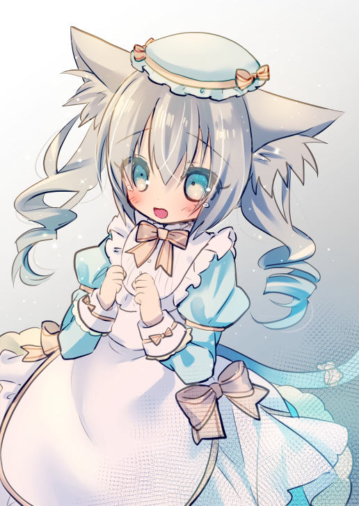 1girl, animal_ears, apron, blue_eyes, cat_ears, cat_girl, cat_tail, dress, emil_chronicle_online, frilled_dress, frilled_hat, frills, hat, lizrin, maid, maid_apron, nekomata_sharu, one-hour_drawing_challenge, open_mouth, raised_inner_eyebrows, ribbon, tail, tearing_up, white_hair, yellow_ribbon