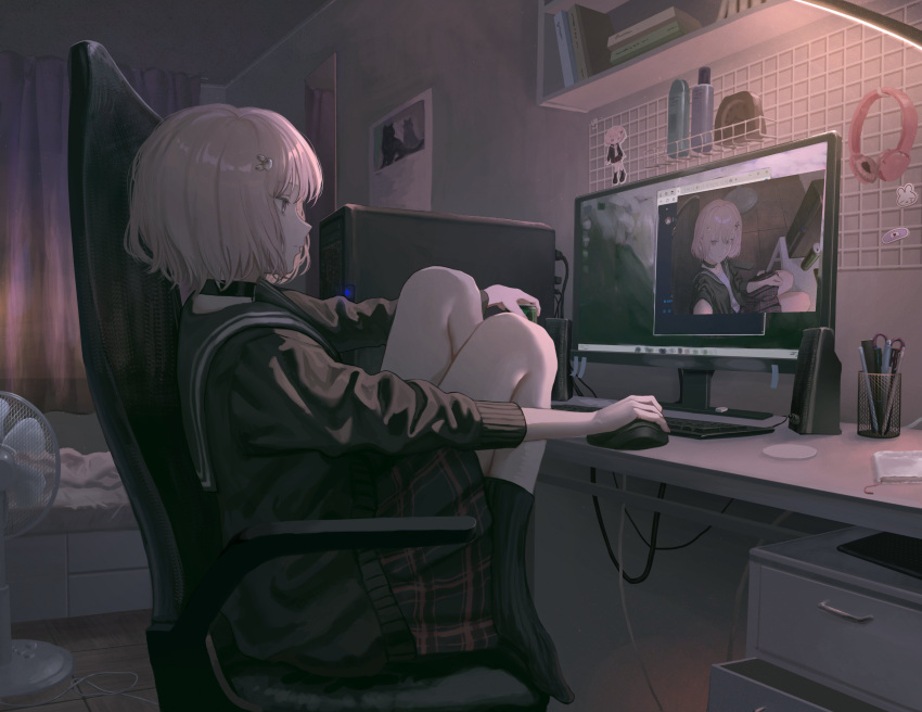1girl, absurdres, bed, black_choker, choker, computer, computer_mouse, highres