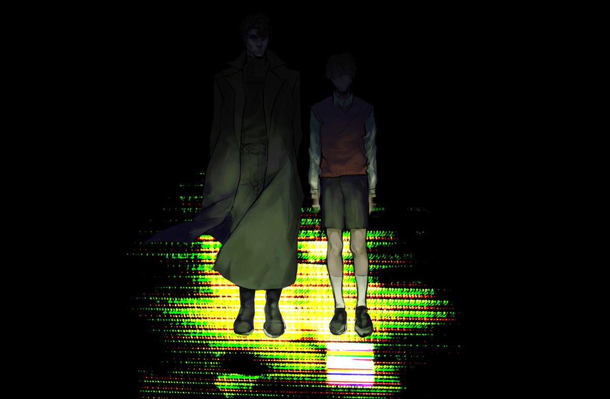 2boys, arms_behind_back, belt, black_cape, black_hair, black_shorts, boots, brown_vest