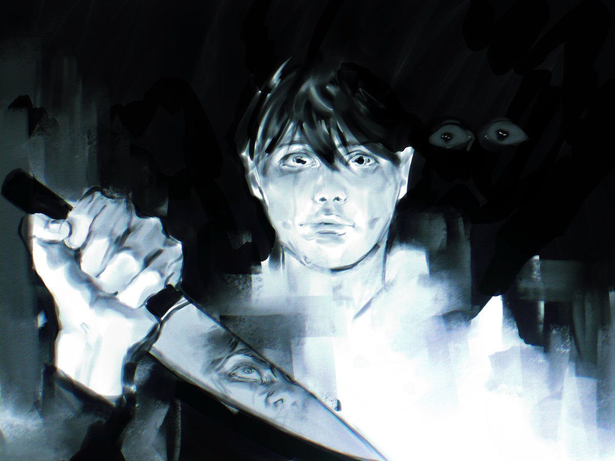 1boy, 1other, black_hair, crazy_eyes, crying, crying_with_eyes_open, glowing, glowing_eyes