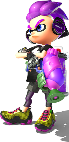 1boy, 3d, bike_shorts, black_shirt, blue_eyes, crossed_arms, cuttlefrsh_(splatoon), eye_mask, fingerless_gloves, frown, full_body, gloves, gradient_hair, headphones, holding, holding_weapon, ink_tank_(splatoon), inkling, inkling_boy, inkling_player_character, looking_ahead, lowres, multicolored_hair, official_art, purple_hair, shirt, shoelaces, shoes, short_sleeves, smile, sneakers, solo, splatoon_(series), splatoon_2, splattershot_(splatoon), spotted_hair, standing, t-shirt, tentacle_hair, thick_eyebrows, transparent_background, two-tone_hair, v-shaped_eyebrows, weapon, yellow_shoes