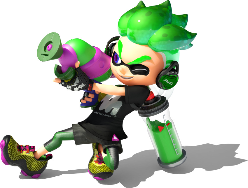 1boy, 3d, absurdres, bike_shorts, black_shirt, blue_eyes, cuttlefrsh_(splatoon), dynamic_pose, eye_mask, fingerless_gloves, full_body, gloves, gradient_hair, green_hair, grin, headphones, highres, holding, holding_weapon, ink_tank_(splatoon), inkling, inkling_boy, inkling_player_character, multicolored_hair, official_art, one_eye_closed, shirt, shoes, short_sleeves, smile, sneakers, solo, splatoon_(series), splatoon_2, splattershot_(splatoon), spotted_hair, t-shirt, tentacle_hair, thick_eyebrows, transparent_background, two-tone_hair, v-shaped_eyebrows, weapon, yellow_shoes