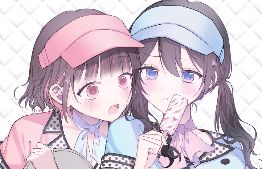 2girls, blue_eyes, blue_neckerchief, blue_shirt, blue_visor, blush, brown_hair, character_request