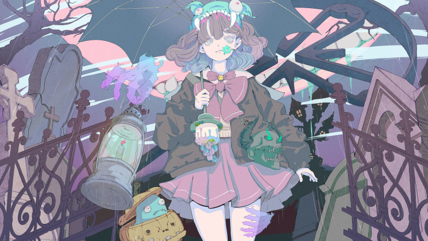 1girl, absurdres, aqua_eyes, aqua_hat, bare_tree, black_jacket, black_umbrella, bow, bowtie, cake, candle, clenched_teeth, cowboy_shot, cross, fangs, food, frilled_skirt, frills, gate, ghost, graveyard, grey_eyes, hat, highres, holding, holding_umbrella, jacket, lantern, large_bow, long_sleeves, looking_to_the_side, medium_hair, mouth_hold, noka_works, original, pastel_colors, red_bow, red_bowtie, red_skirt, shirt, skirt, skull, skull_ornament, solo, stitched_mouth, stitches, teeth, tombstone, transparent_hand, tree, umbrella, white_shirt