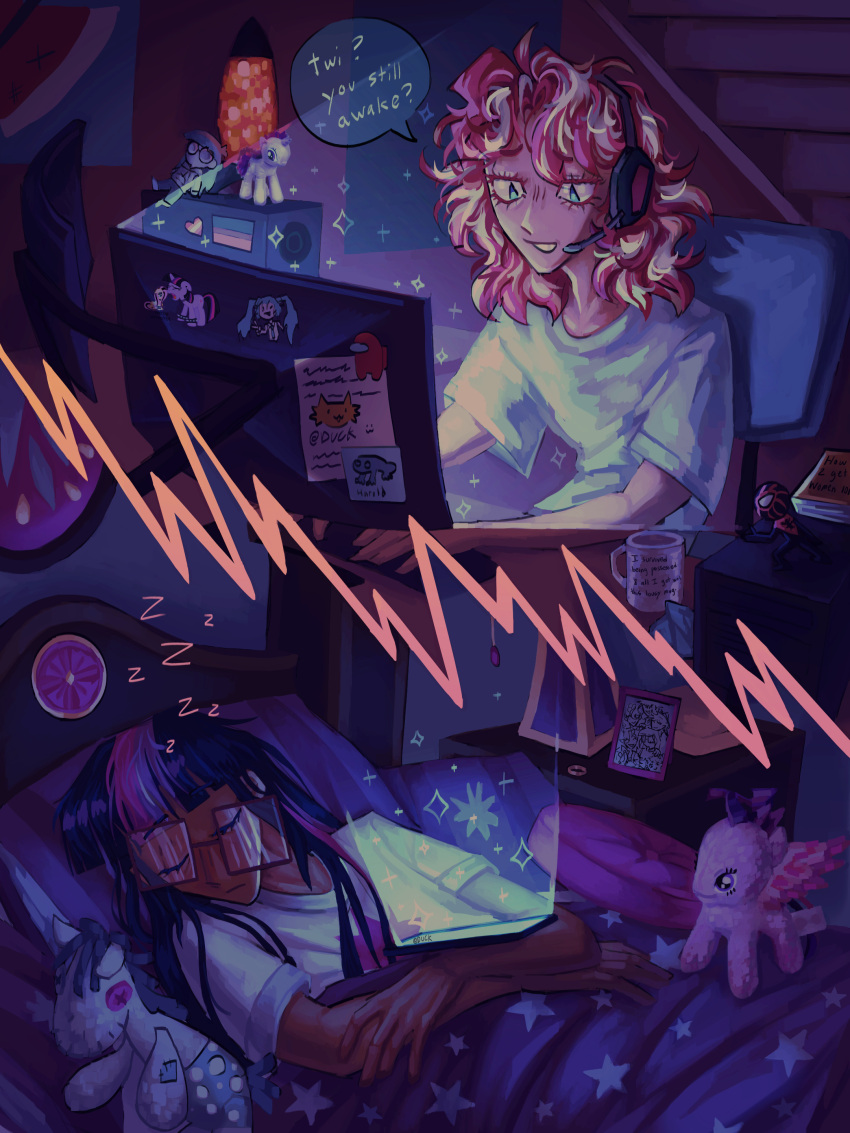 2girls, absurdres, bed, closed_eyes, closed_mouth, cup, depresed-duck, english_text