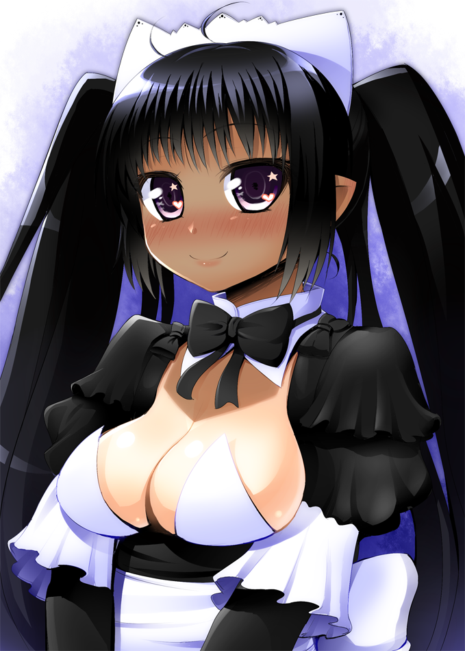 black_hair, blush, bowtie, breasts, criet_tredis, dark_skin, heart, long_hair