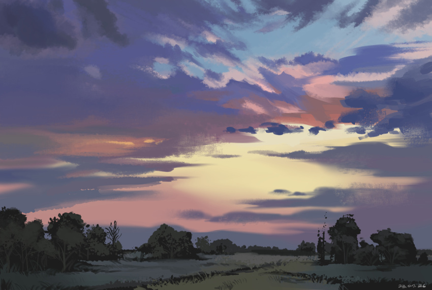 clouds, dated, dusk, field, no_humans, no_lineart, original, outdoors