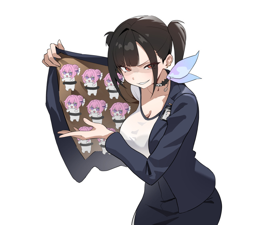 1girl, breasts, brown_eyes, doro_(nikke), goddess_of_victory:_nikke, half-closed_eyes, hand_up, hashtag-only_commentary