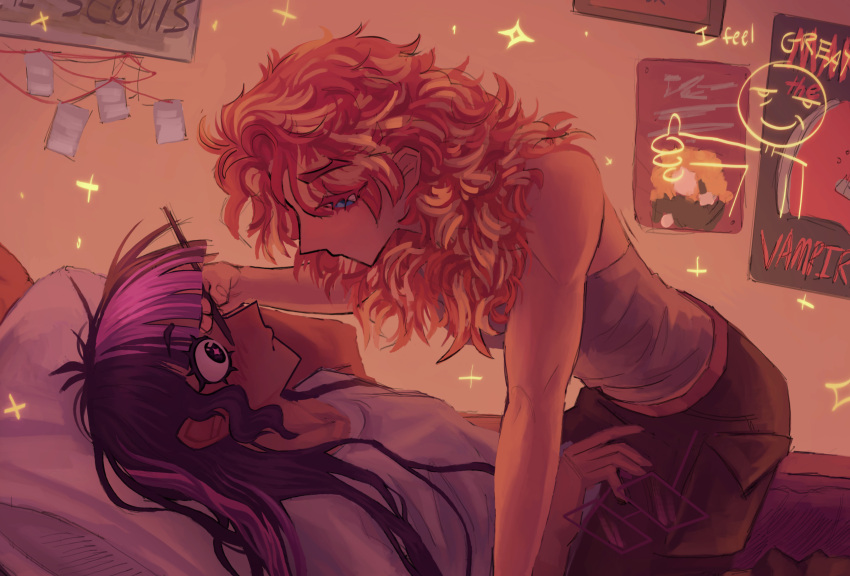 2girls, blue_eyes, closed_mouth, depresed-duck, highres, lesbians_doing_makeup_(meme), long_hair, looking_at_another