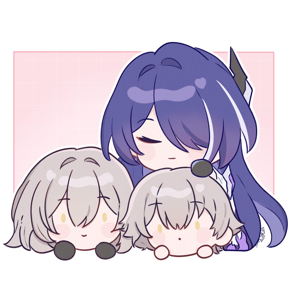 1boy, 2girls, acheron_(honkai:_star_rail), ball_hands, black_gloves, border, caelus_(honkai:_star_rail), chibi